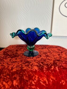 Murano White Crystal Blue Green Ruffled Edge Footed Compote Bowl